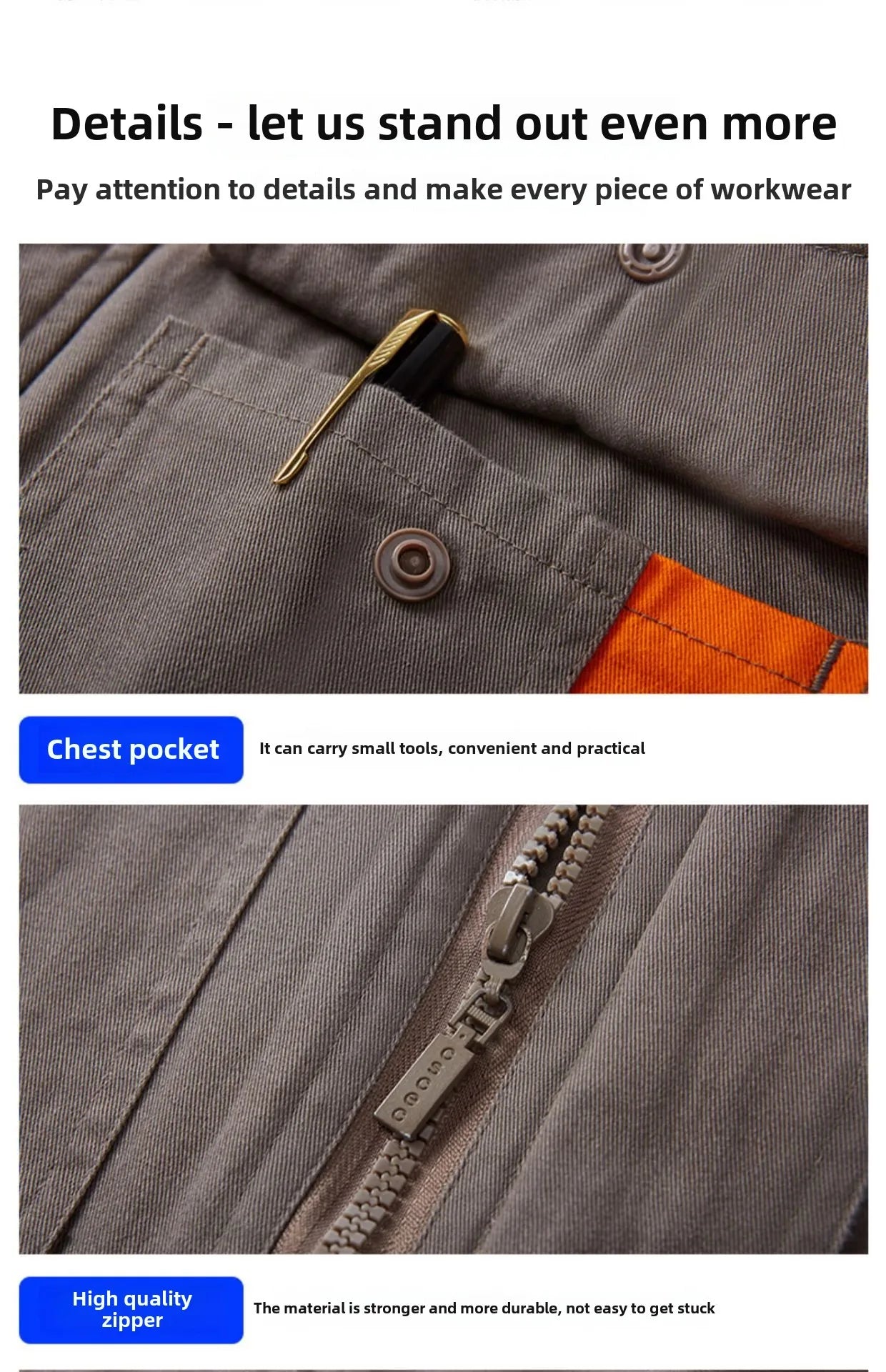 Close-up of a grey canvas work jacket featuring a buttoned chest pocket with a pen and a durable central zipper.