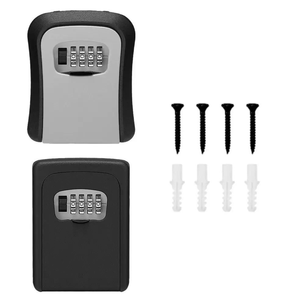 Black and silver metal wall-mounted key lock boxes with four-digit combination dials, screws, and wall anchors.