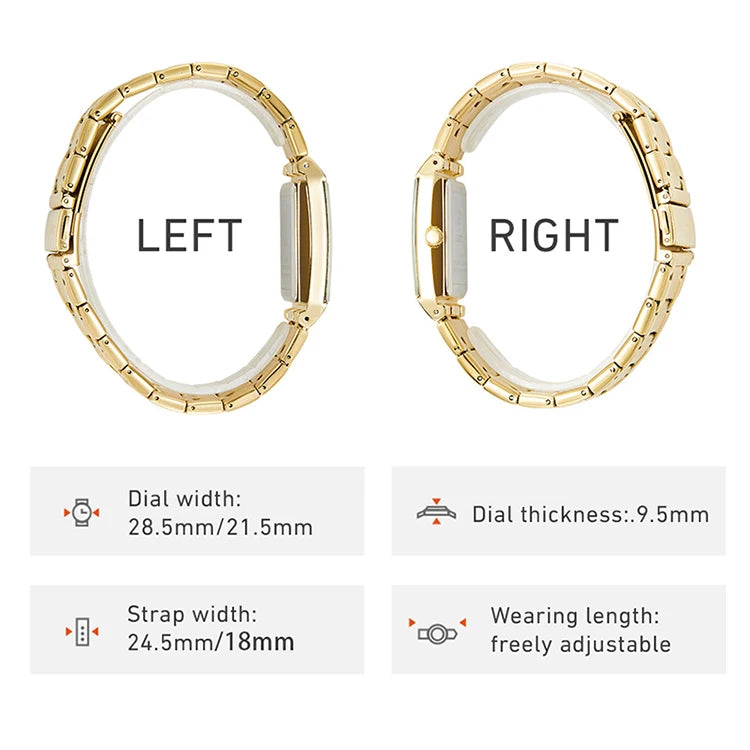 Gold-tone minimalist stainless steel watch showing adjustable strap and dial dimensions.