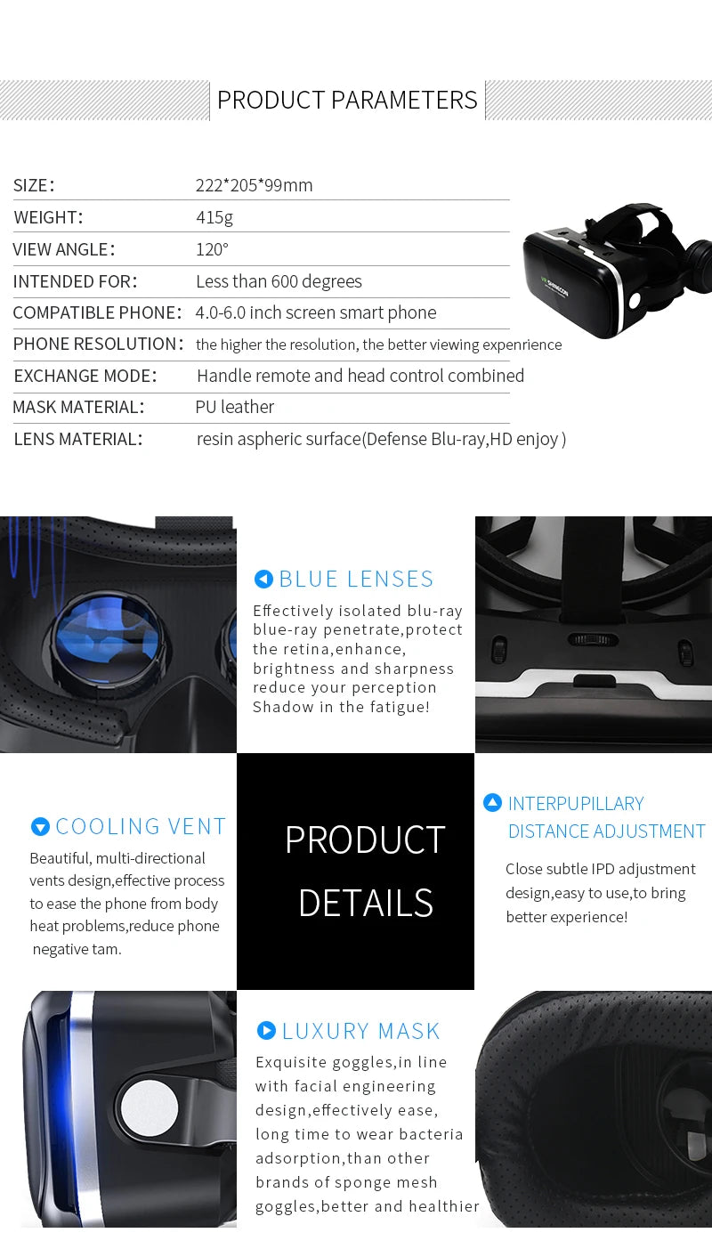 Black 3D VR headset with blue-tinted lenses, adjustable head straps, cooling vents, and comfortable PU leather padding.