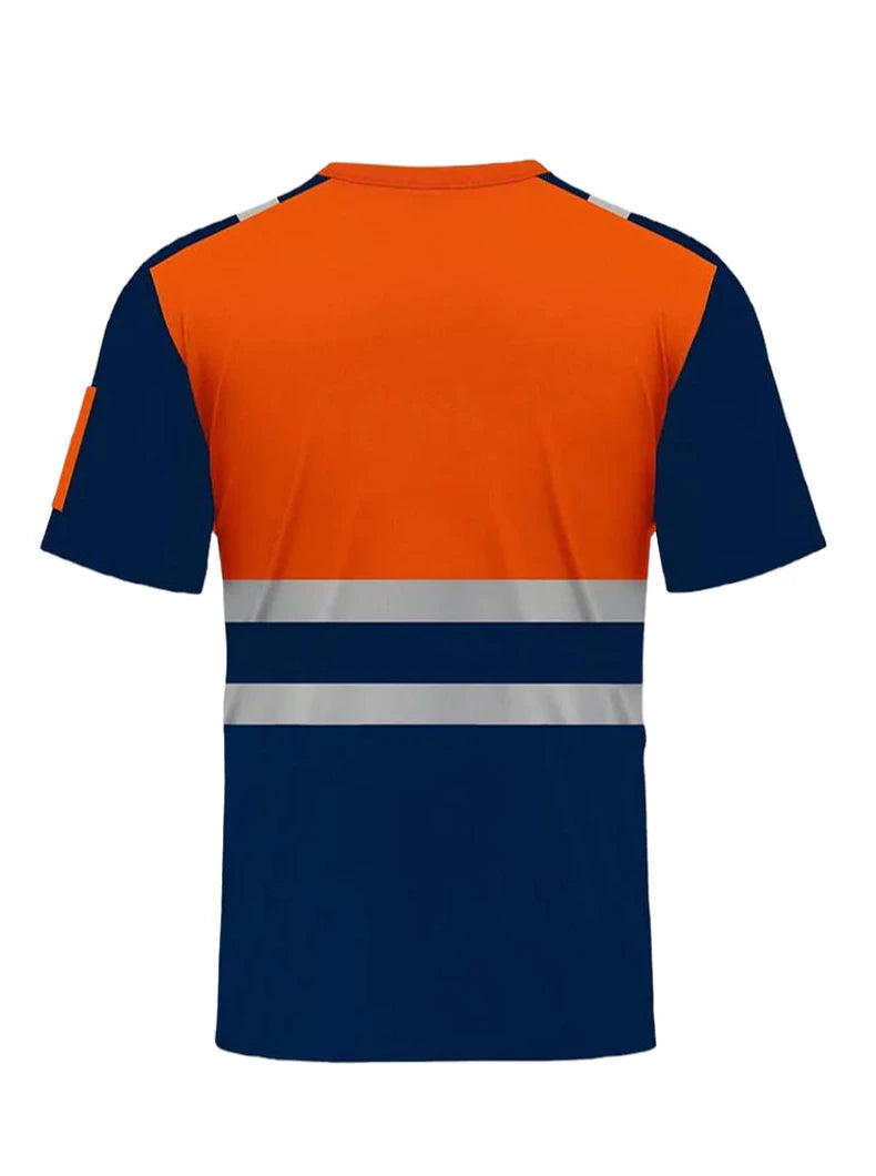 Men’s hi-vis work shirt in orange and navy blue with short sleeves and reflective silver safety stripes.