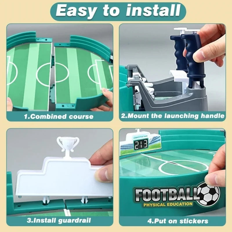 Four-panel instructional guide showing the assembly of a green, portable tabletop football game with a score counter.