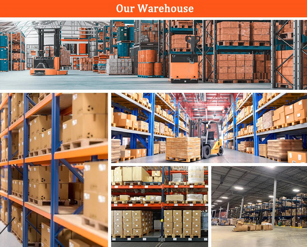 Warehouse interior with blue metal industrial shelving units, cardboard boxes on pallets, and yellow forklifts.