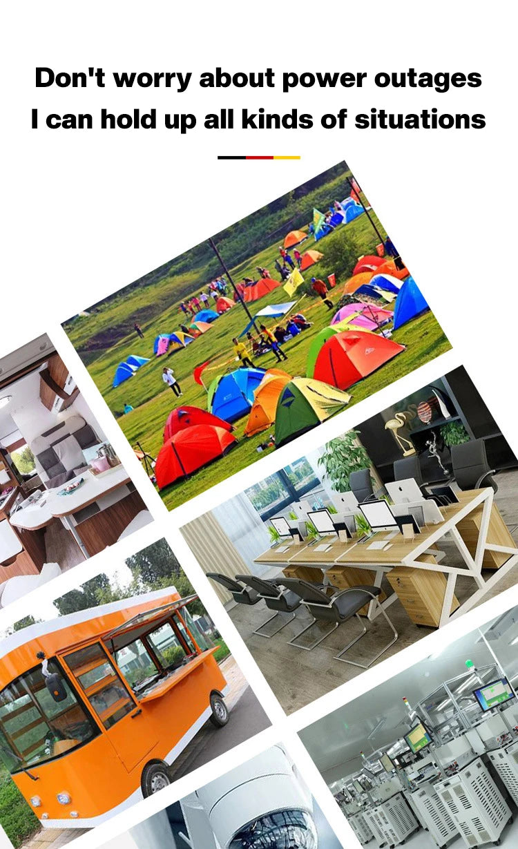 A collage showing a 12V to 220V power inverter in use for camping, offices, food trucks, and industrial equipment.