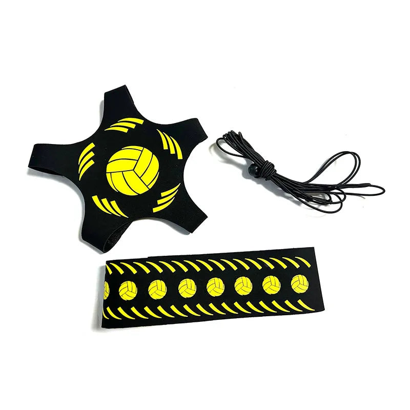 Volleyball training aid set with a star-shaped ball harness, waist strap, and elastic cord in black and yellow.