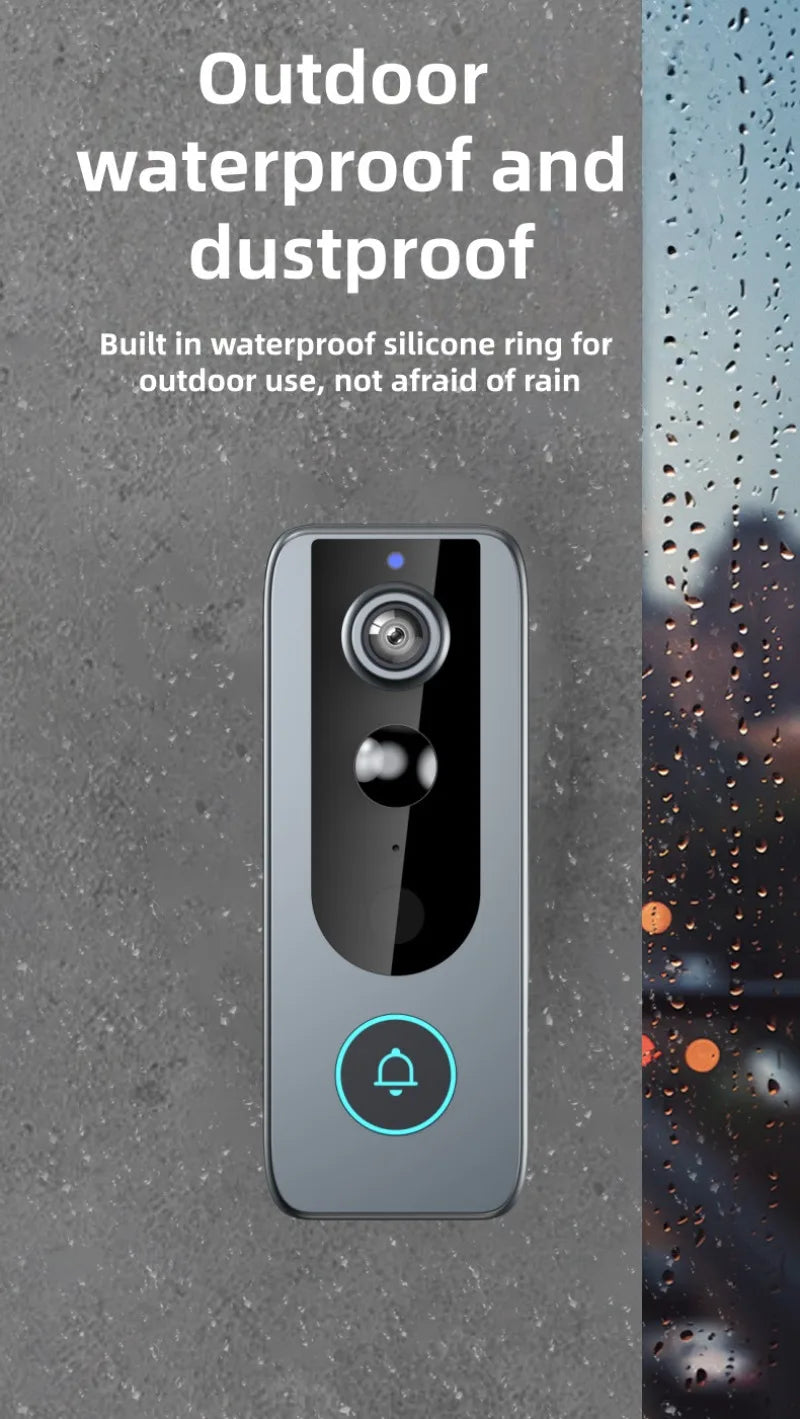 Sleek grey wireless smart doorbell with camera lens, motion sensor and glowing blue bell button for outdoor use.