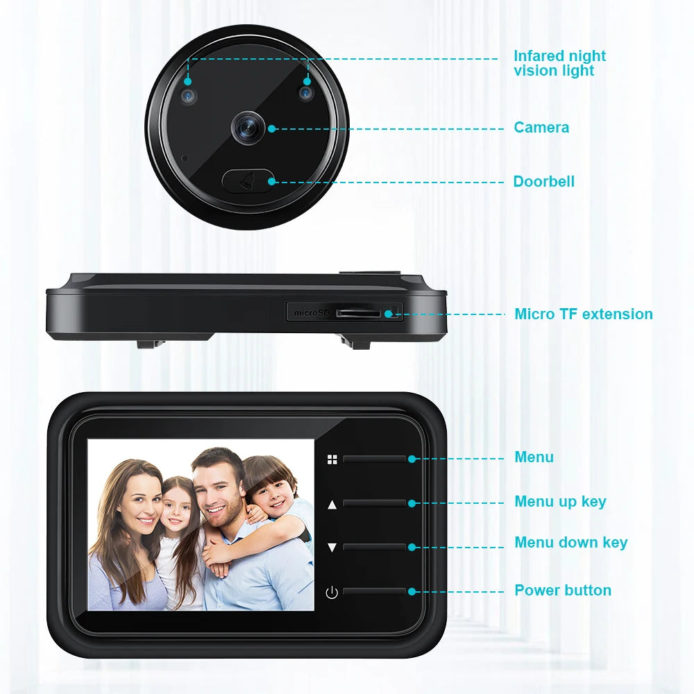 Black digital door peephole camera with 2.4-inch LCD screen, night vision, doorbell and microSD card slot.