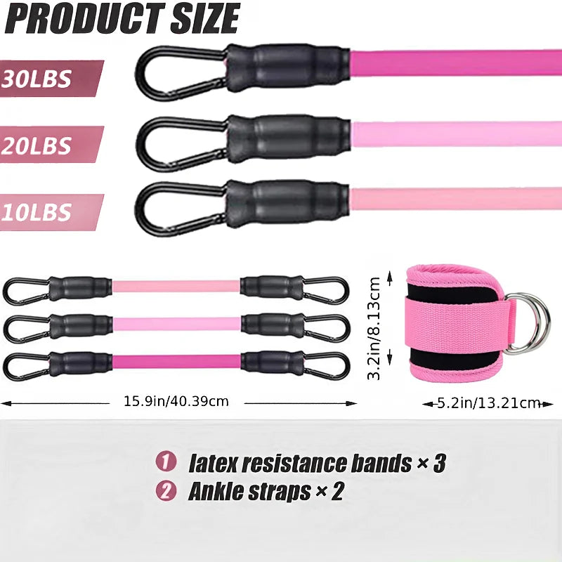 Three pink resistance bands of varying weights (10lb, 20lb, 30lb) with carabiners and two pink ankle straps.