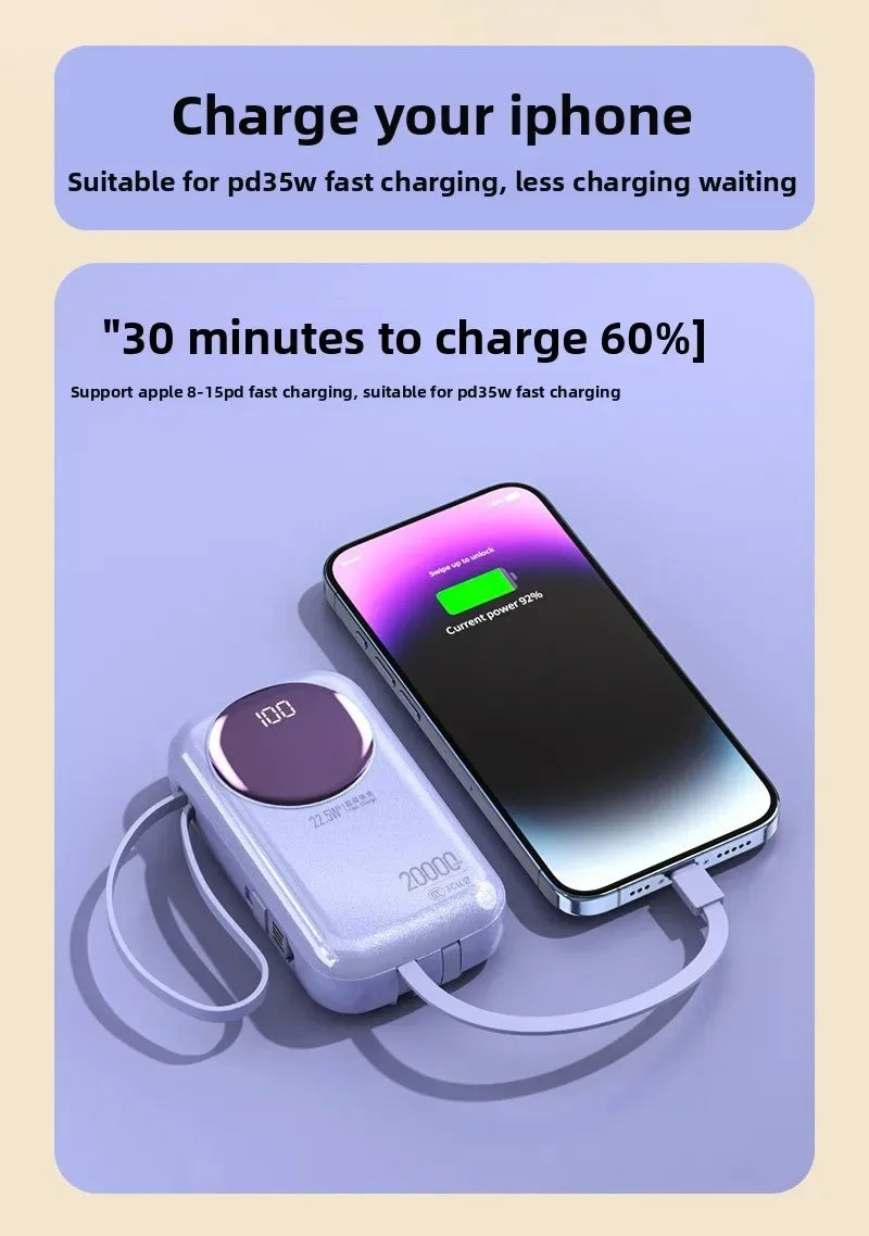 Light purple 20,000mAh power bank with built-in cable, LED display and 22.5W fast charging connected to a smartphone.