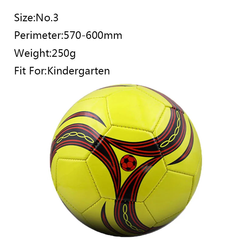 Size 3 yellow soccer ball for children, featuring black and red tribal-style curved graphic patterns.
