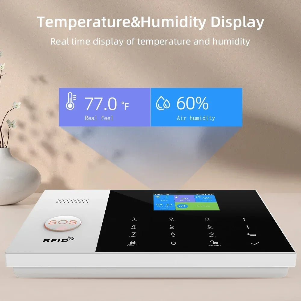 White and black wireless smart alarm panel with digital display, touch keypad, SOS button, and RFID reader.