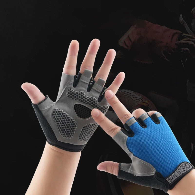 Fingerless sports gloves in blue and grey with a textured, honeycomb-patterned palm grip against a black background.