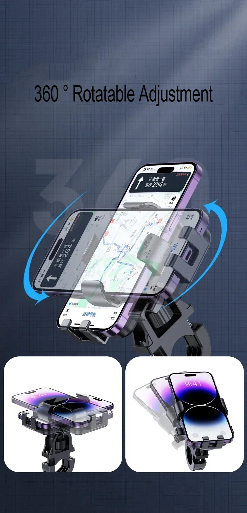 Black bike phone mount with a secure clamp and 360-degree rotatable adjustment for portrait or landscape viewing.
