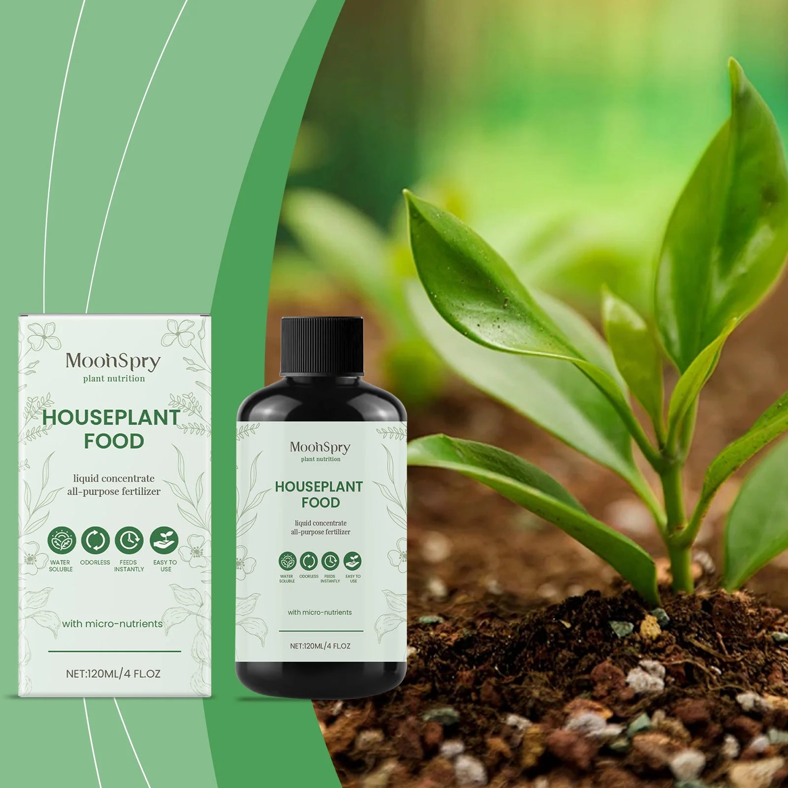 Liquid houseplant fertilizer in a black bottle with a green-white box, displayed next to a plant in soil.