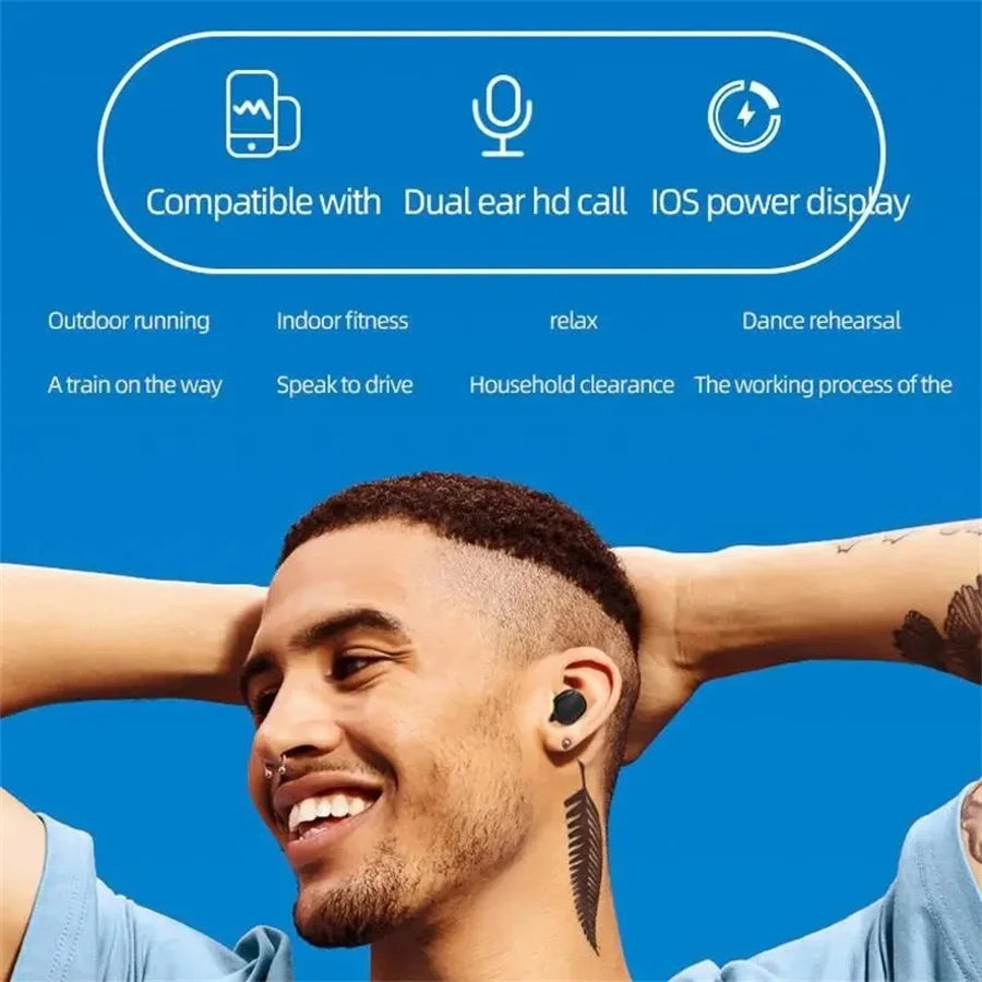 A man wearing sleek, black wireless earbuds against a blue background with icons for connectivity and battery life.