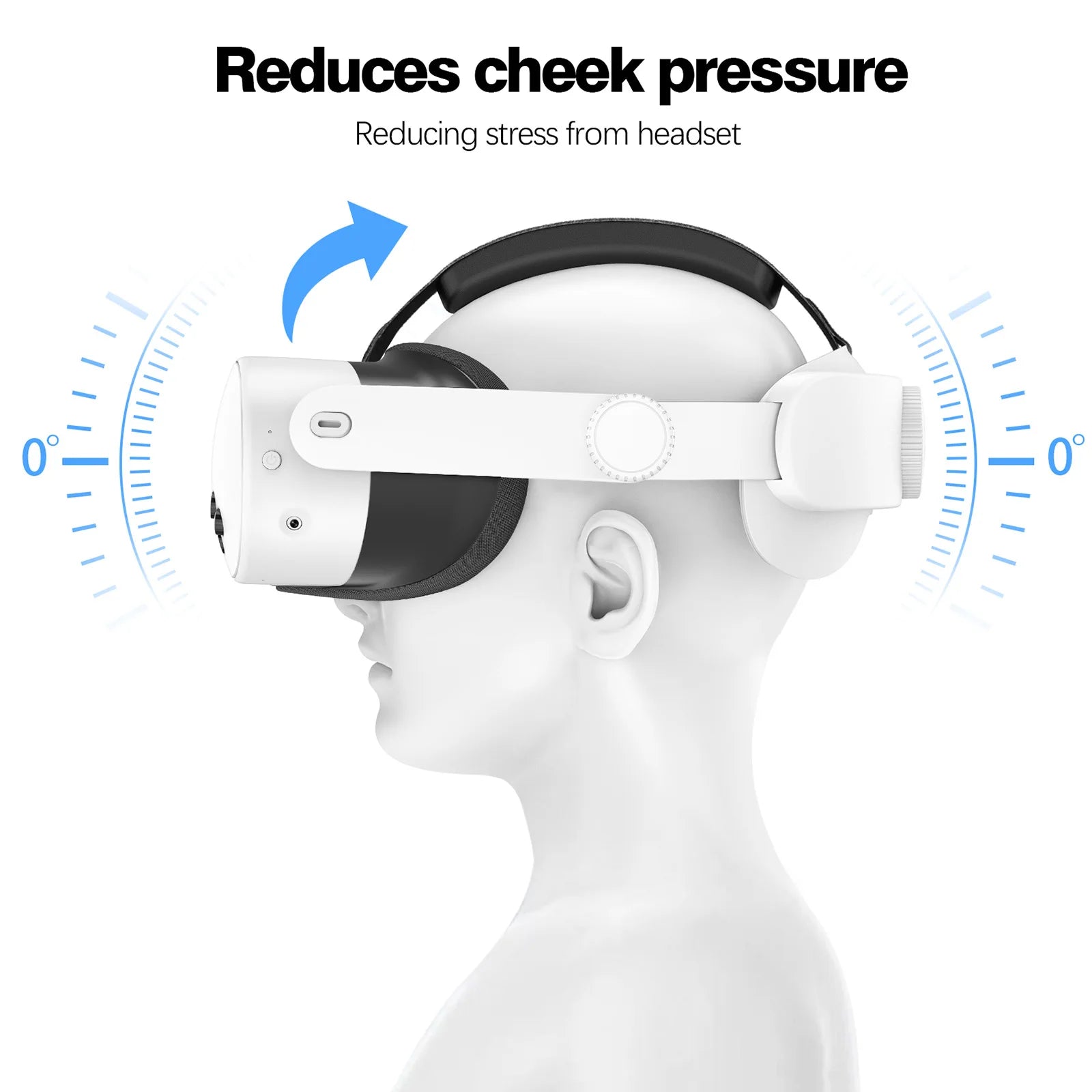 White adjustable VR elite headband on a mannequin head, showing tilt mechanics to reduce facial pressure.