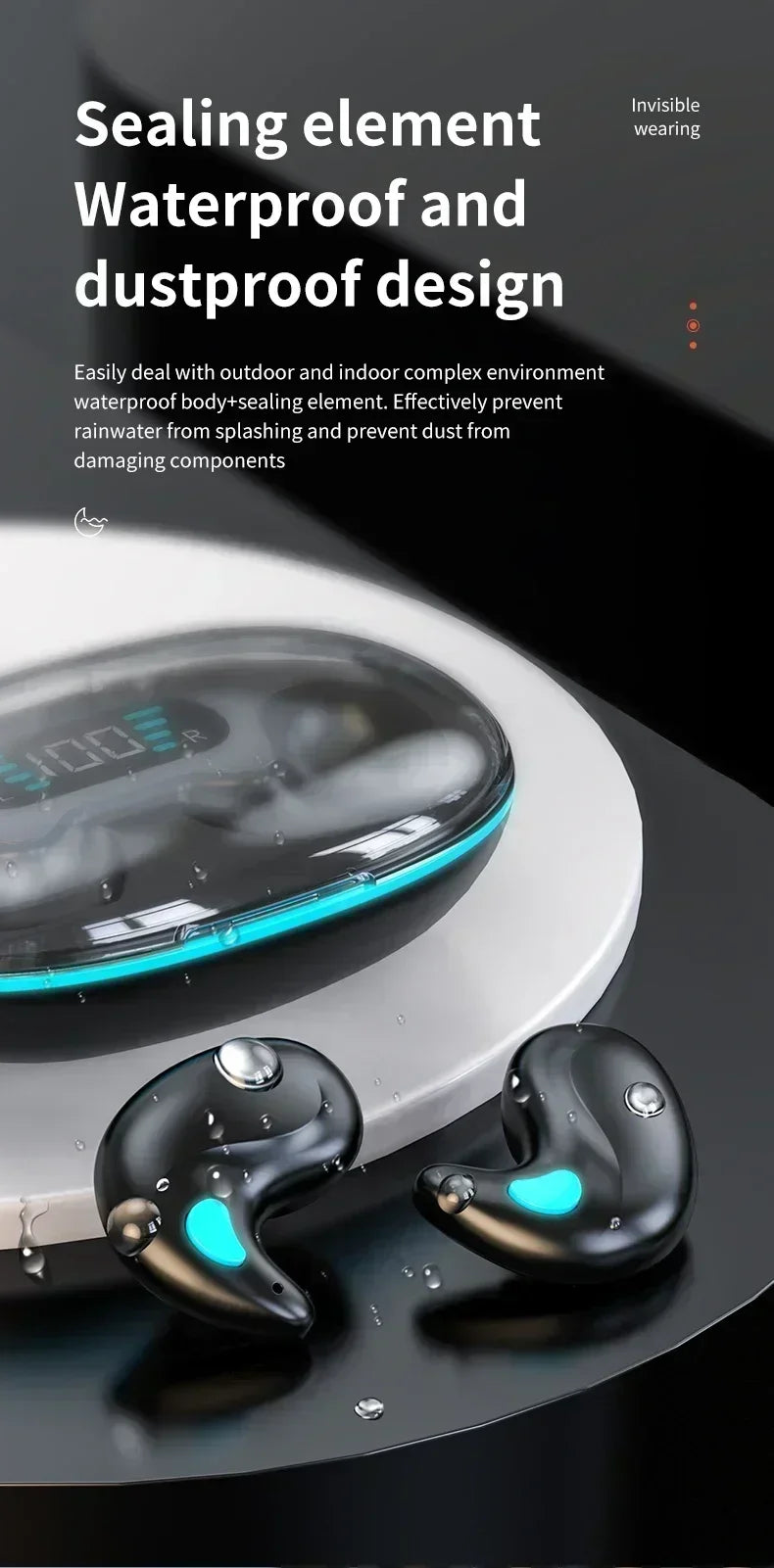 Black, ergonomic wireless earbuds and charging case with a sleek, modern design and teal accents.
