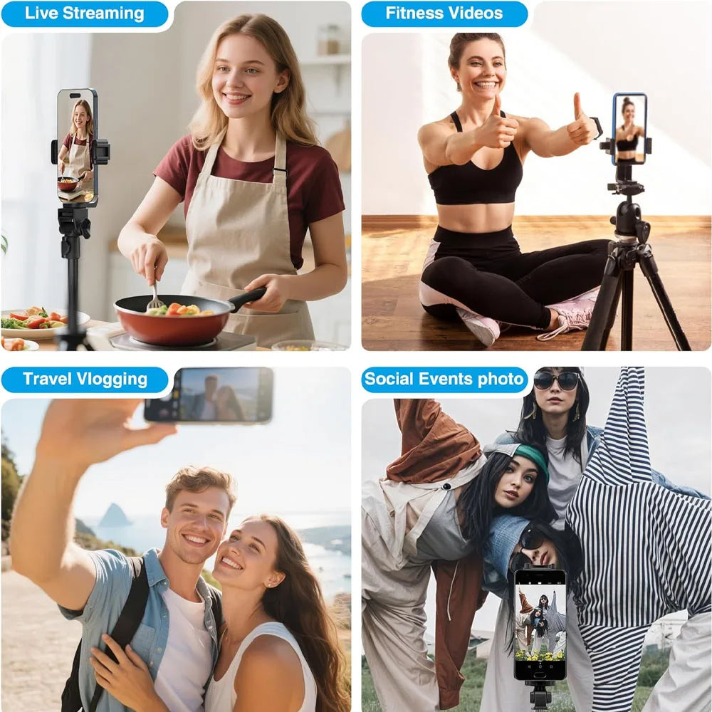 Black smartphone tripod stand, adjustable and versatile for vlogging, live streaming, fitness videos, and photography.