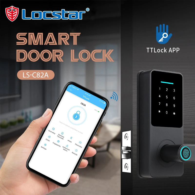 Black digital smart door lock with a touchscreen keypad and fingerprint scanner handle, controlled via mobile app.