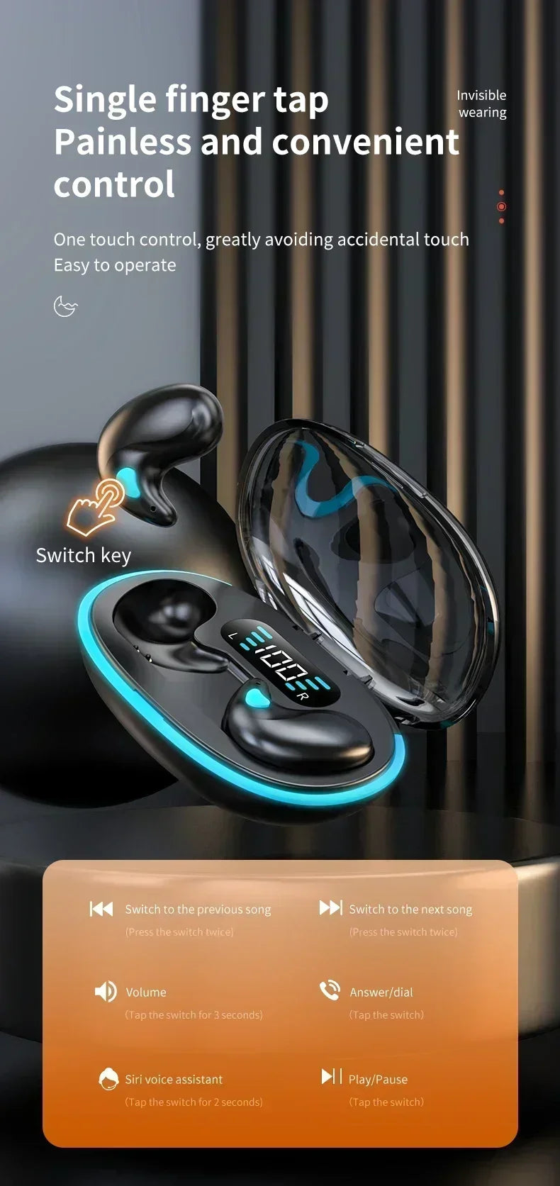 Black wireless earbuds in a glowing, transparent charging case with a digital battery display.