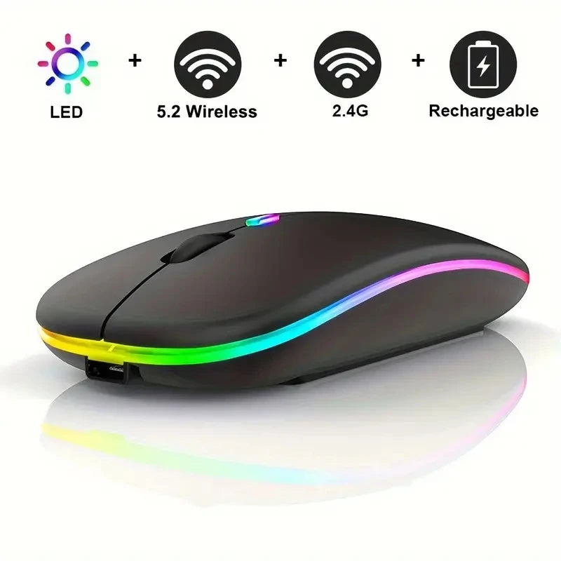 Sleek black wireless mouse with rainbow RGB lighting, dual connectivity, and a rechargeable design.