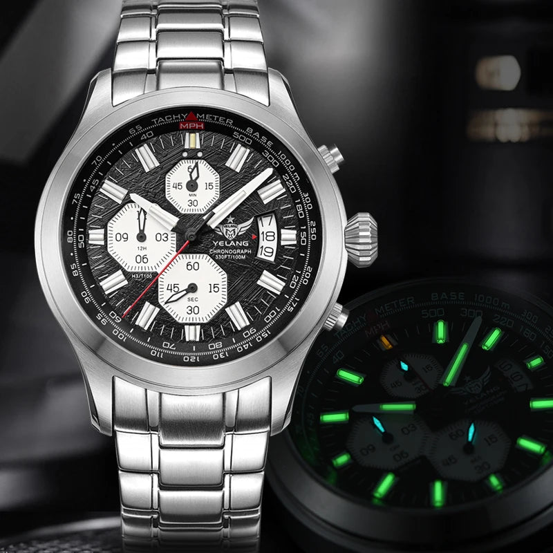Yelang V1029S silver stainless steel quartz watch with black textured dial, chronograph subdials, and luminous hands.