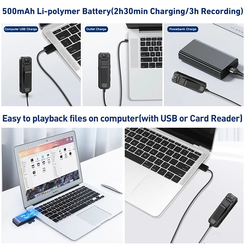 Black rectangular plastic wearable video camera with a belt clip, shown charging via USB and connecting to a laptop.