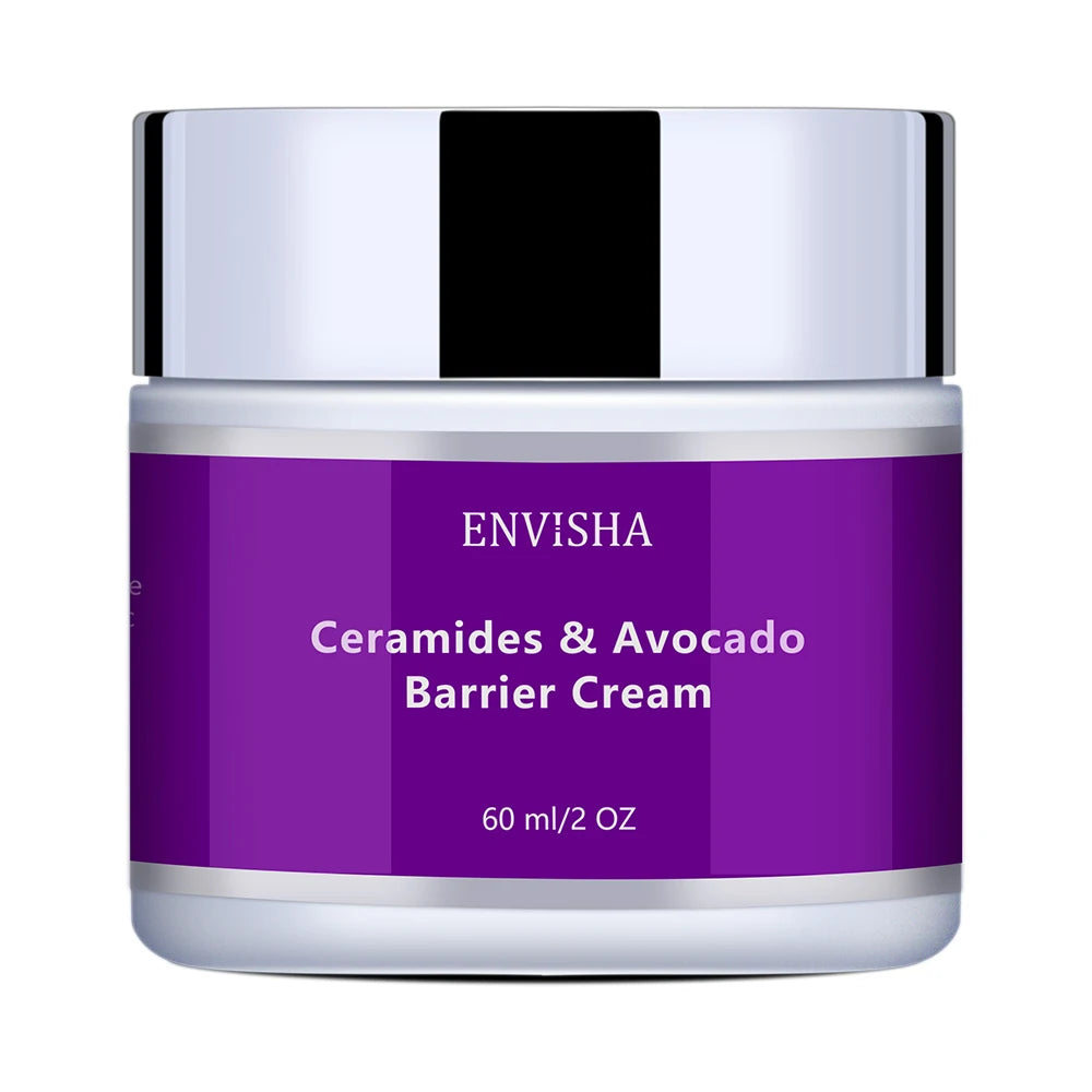 60ml jar of Ceramides & Avocado barrier cream with a purple label and reflective silver lid.
