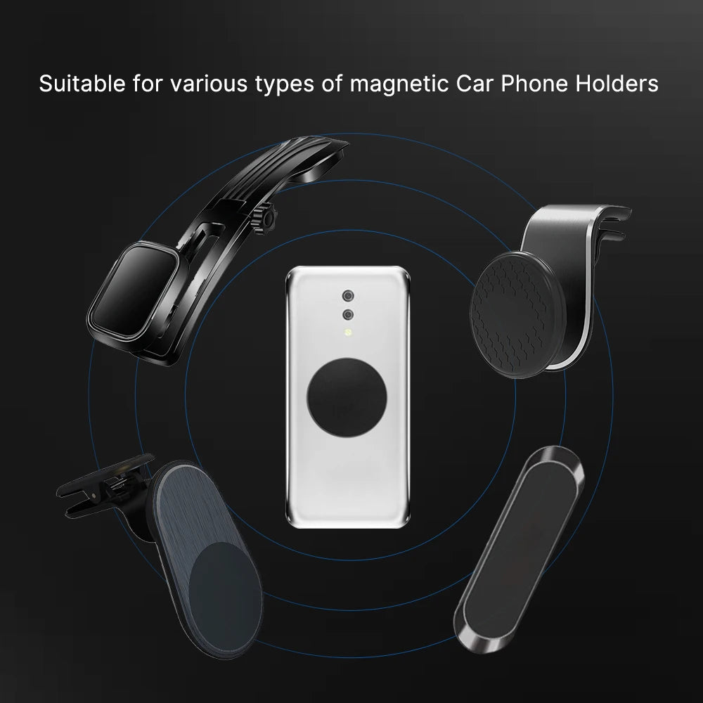 A white smartphone with a central black magnetic disc surrounded by four different black magnetic car phone holders.
