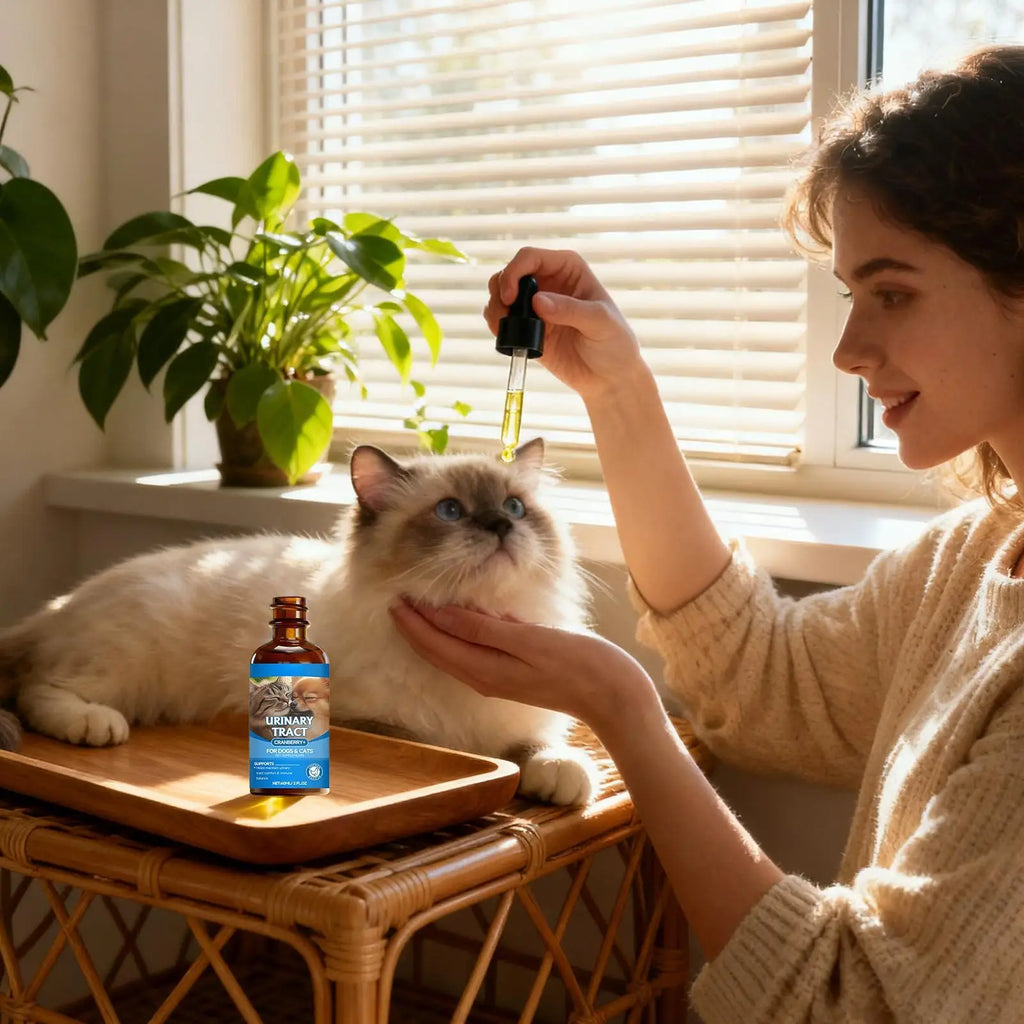 A woman giving urinary tract support liquid drops to a fluffy cat from a brown dropper bottle.