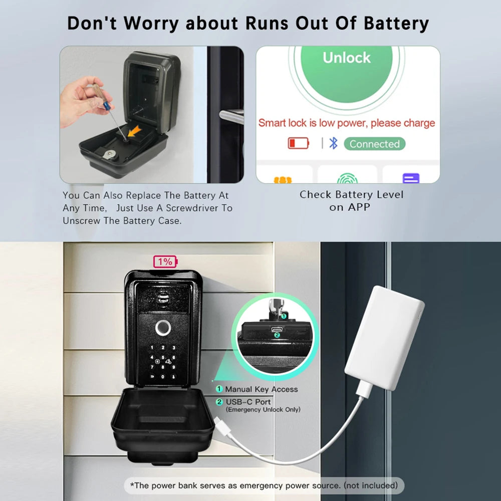 Black metal smart key lock box with keypad, USB-C emergency port, and battery replacement feature.