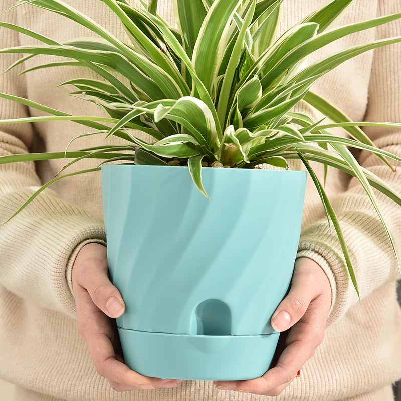A person in a beige sweater holds a light blue plastic planter featuring a swirling texture and a small water reservoir.
