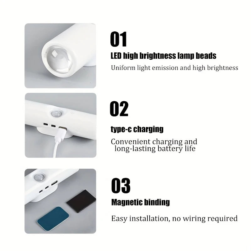 White rechargeable LED motion sensor light featuring bright beads, USB-C charging, and easy magnetic mounting.