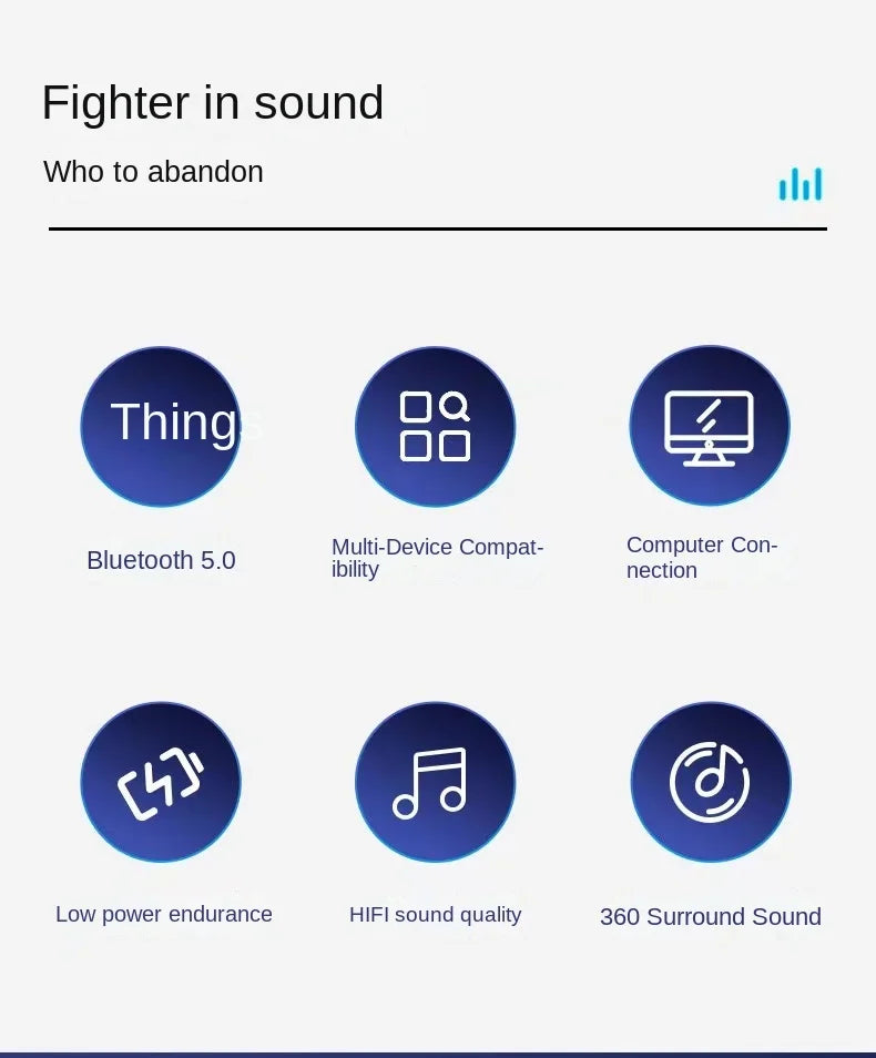 Infographic showing 100W waterproof speaker features: Bluetooth 5.0, multi-device connectivity, and surround sound.