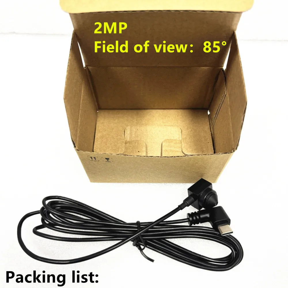 Black 2MP USB camera module with an 85-degree field of view in a brown cardboard box.