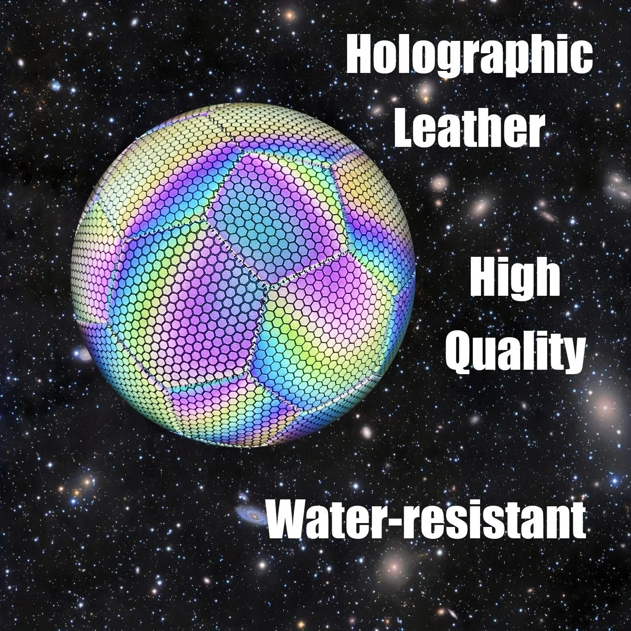 Holographic, water-resistant leather football with a hexagonal pattern, set against a space-themed starry background.