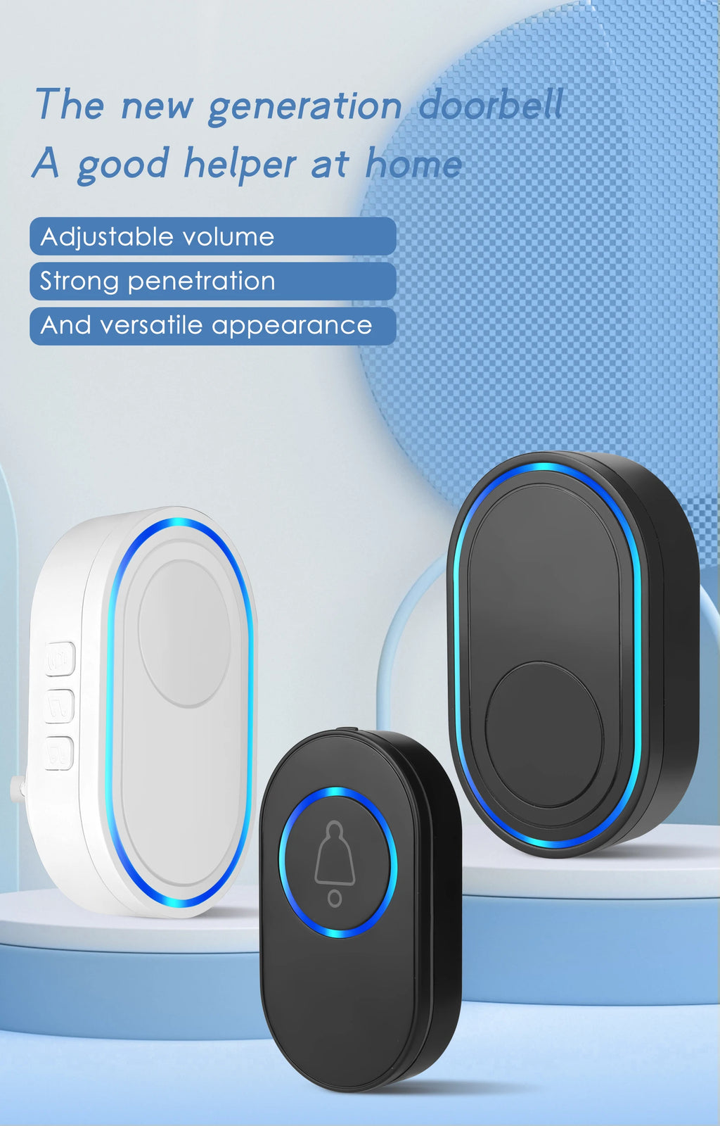 Wireless smart doorbell and chime kit in black and white with an oval design and glowing blue LED light accents.
