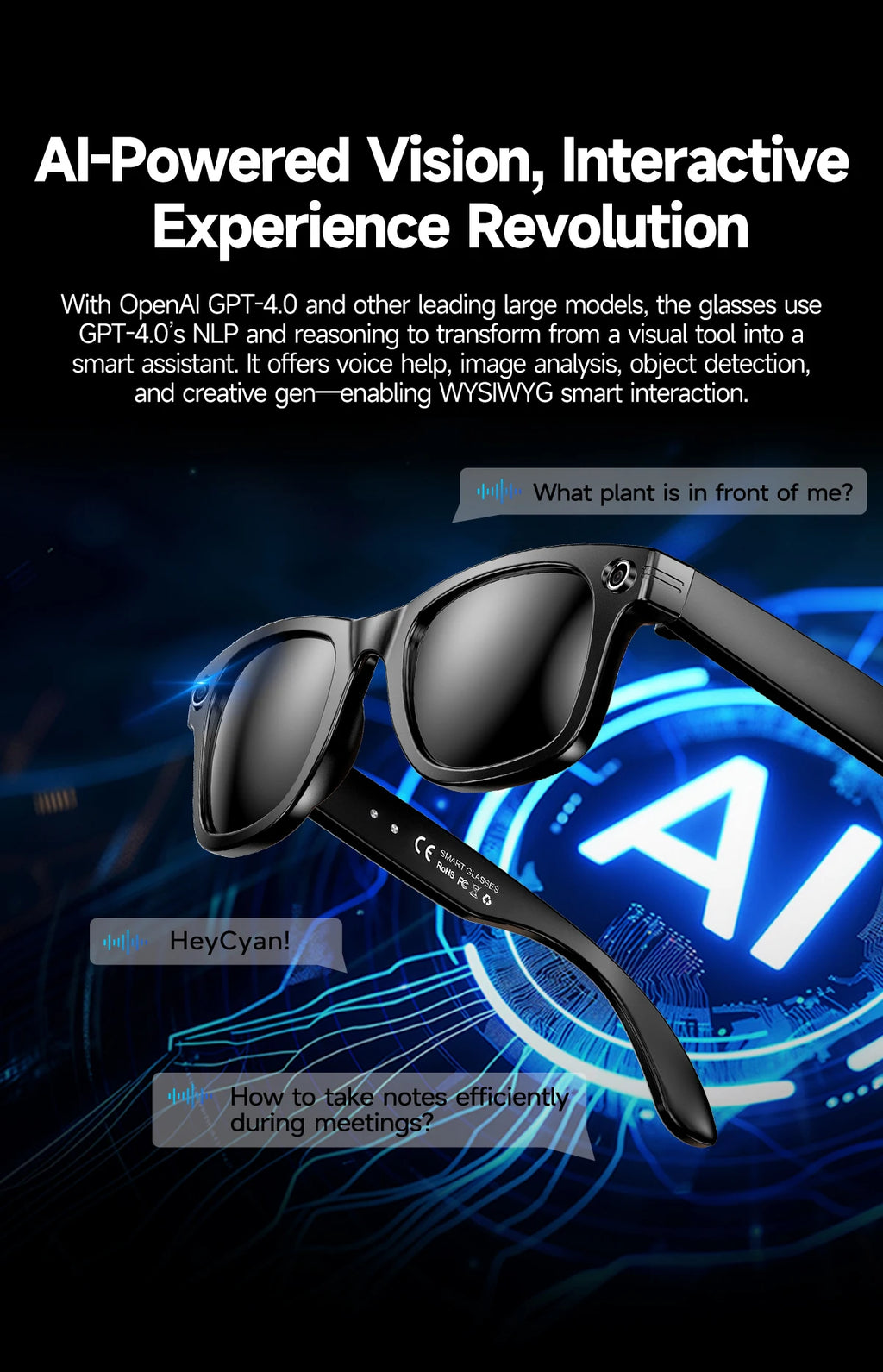Black smart glasses featuring a built-in camera lens, sleek frame design, and digital AI interface overlay.