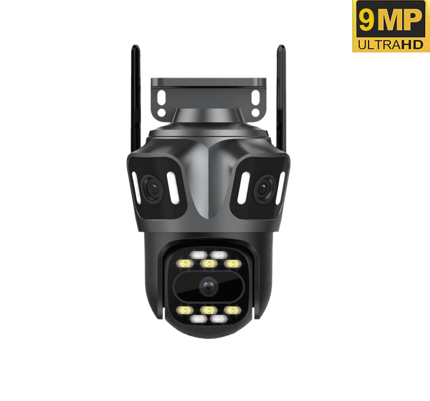 Dark grey outdoor WiFi security camera with multi-lens design, dual antennas, and integrated LED spotlights.