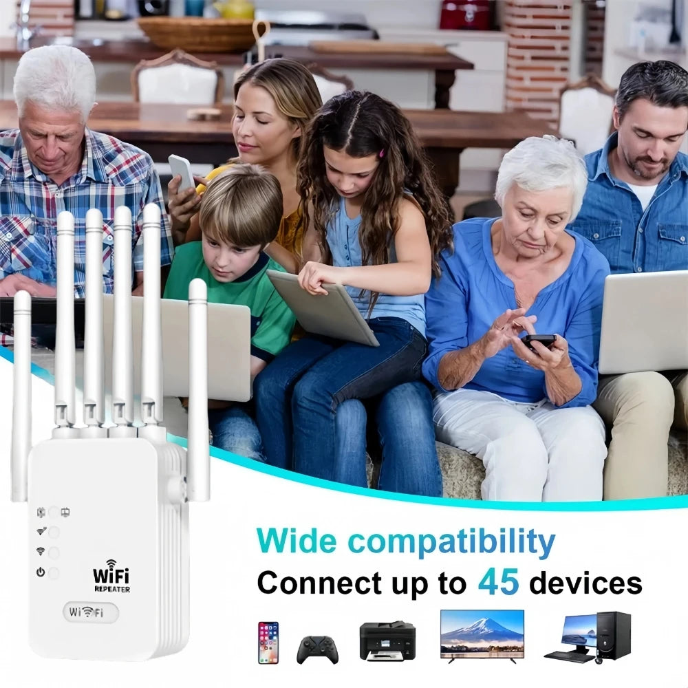 White 1200Mbps WiFi repeater with four antennas shown with a family using various devices.