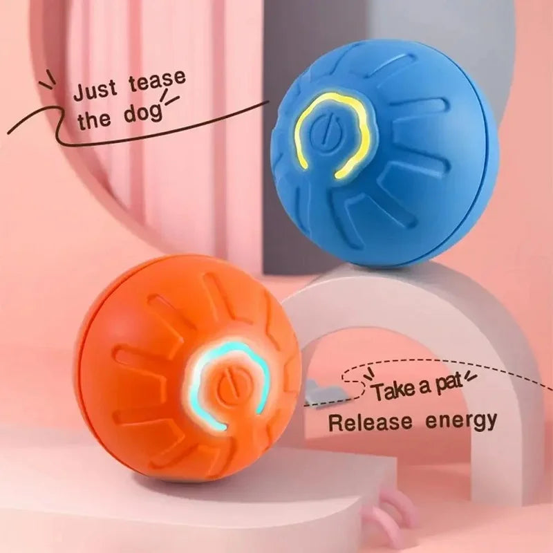 Blue and orange interactive dog toy balls with textured surfaces, glowing power buttons, and a sleek, modern design.