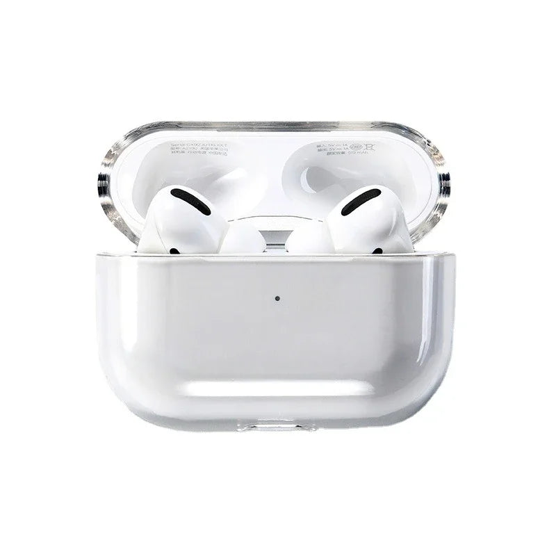 Clear plastic protective case for Apple AirPods Pro, shown open with white earbuds inside.