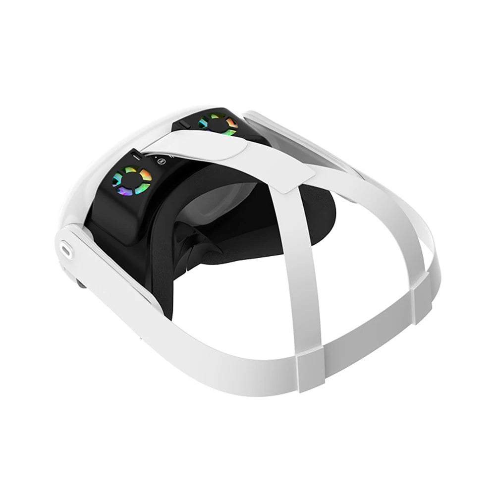 Black and white cooling fan for Meta Quest 3 VR headset, featuring dual RGB fans and a breathable facial interface.