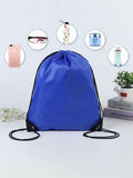 A bright blue drawstring bag surrounded by icons showing items that fit inside, like a phone, umbrella, and cosmetics.