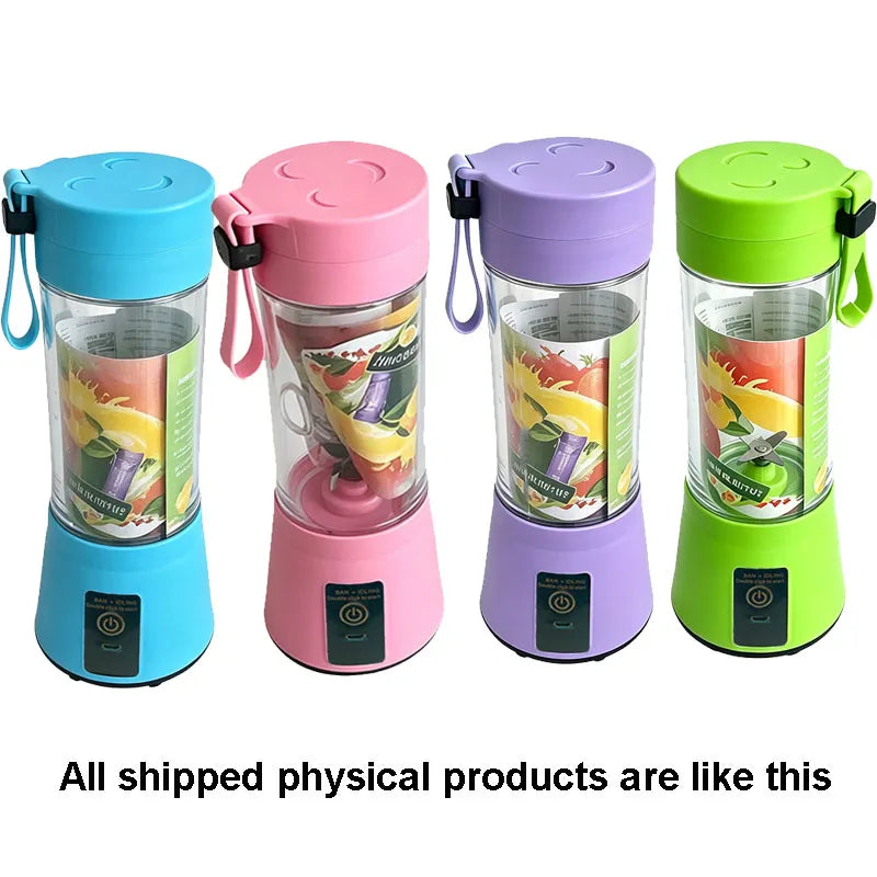 Four portable, battery-powered blenders in blue, pink, purple, and green, each with a carry strap and power button.