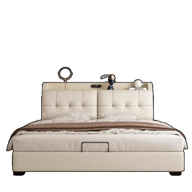 Modern cream leather bed frame with an integrated headboard shelf, tufted detailing, and built-in storage.