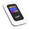 Compact white portable 4G WiFi hotspot device with a black display screen showing connection status.