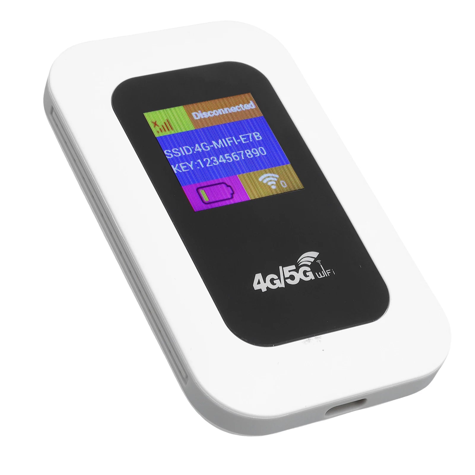 Compact white portable 4G WiFi hotspot device with a black display screen showing connection status.