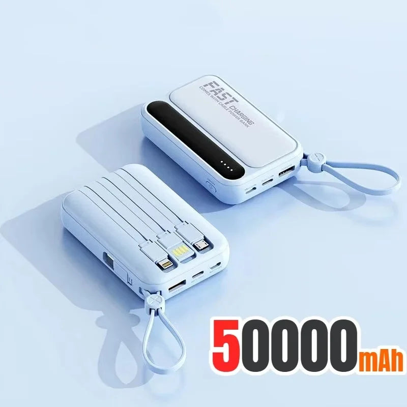 Two light blue 50,000mAh portable power banks with built-in charging cables and carry straps.