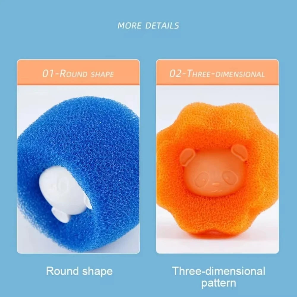 Blue and orange textured bath sponges with a raised 3D panda bear design in the centre.